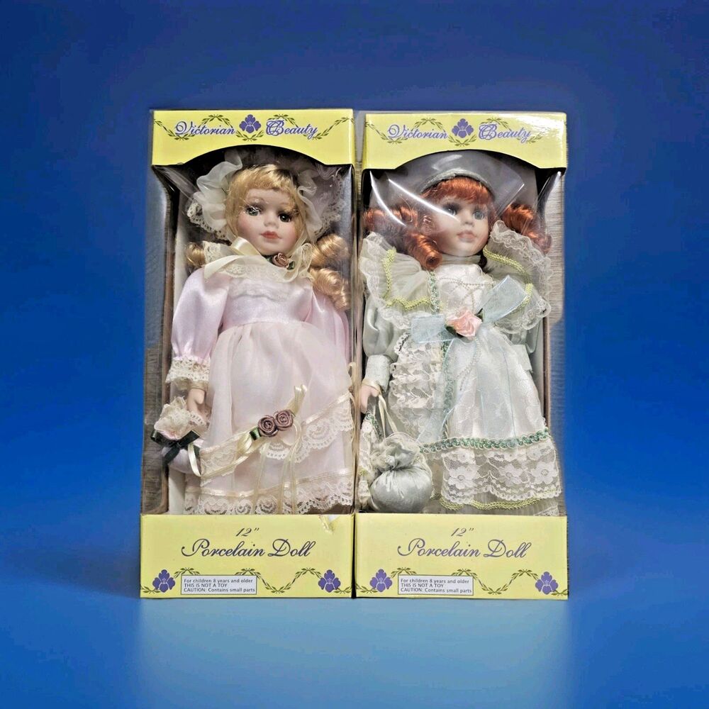 2 🎀 VICTORIAN BEAUTY Porcelain Dolls 12" NRFB Blonde & Red Hair w DOLL Stand